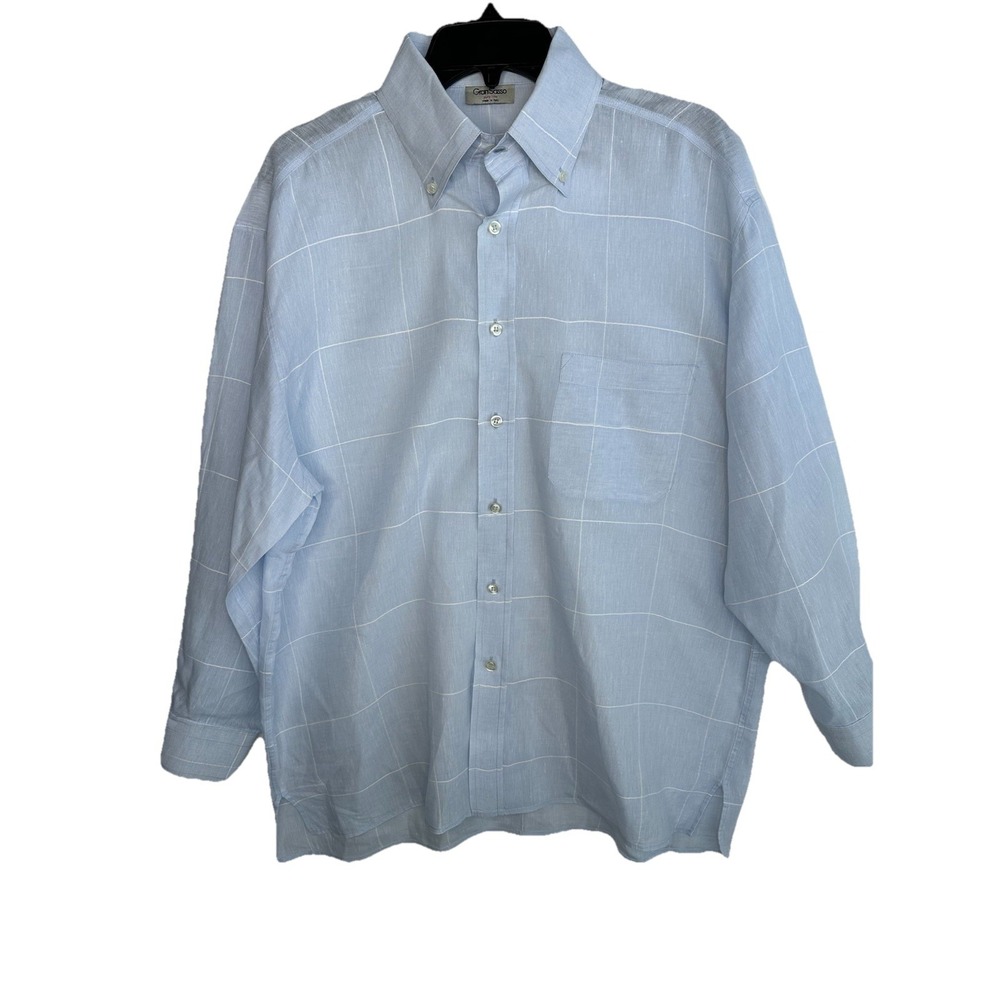 Gran Sasso Men 100% Italian Linen Blue Long Sleeve Button‎ Down Shirt Sz 42 US